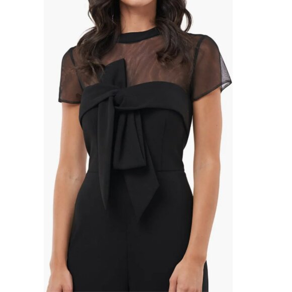 Sophisticated Black Short Sleeve and Mesh Jumpsuit with Bow Detail- size 16 - Picture 3 of 8